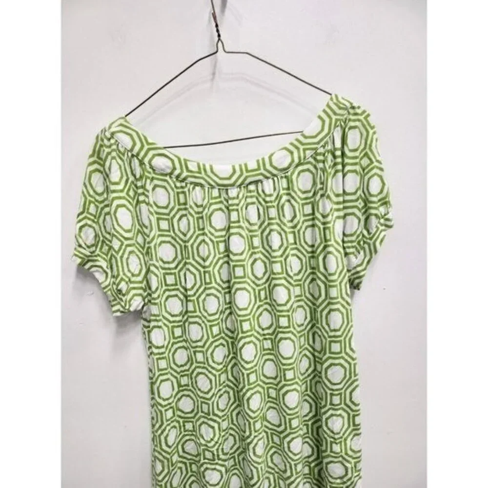 Michael Michael Kors Womens Top Medium Green‎ Printed Puff Sleeve Boat Neck BOHO